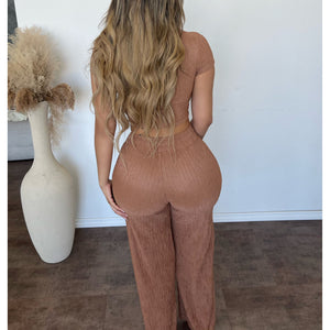 Marry Crinkle Short Sleeve Loungewear set (Camel)