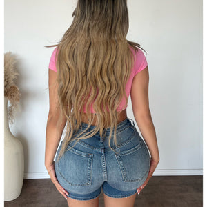 Laurell Stretch Mid Rise Denim Shorts (Denim)