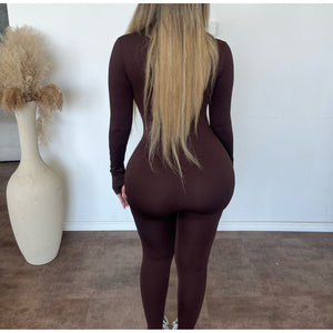 Selena Mock Neck Long Sleeve Catsuit (Brownie)