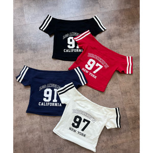 Andrea Off The Shoulder Graphic Crop Tee (White)