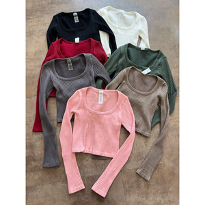 Kayana Square Neck Ribbed Long Sleeve Crop Top (Red Dahlia)