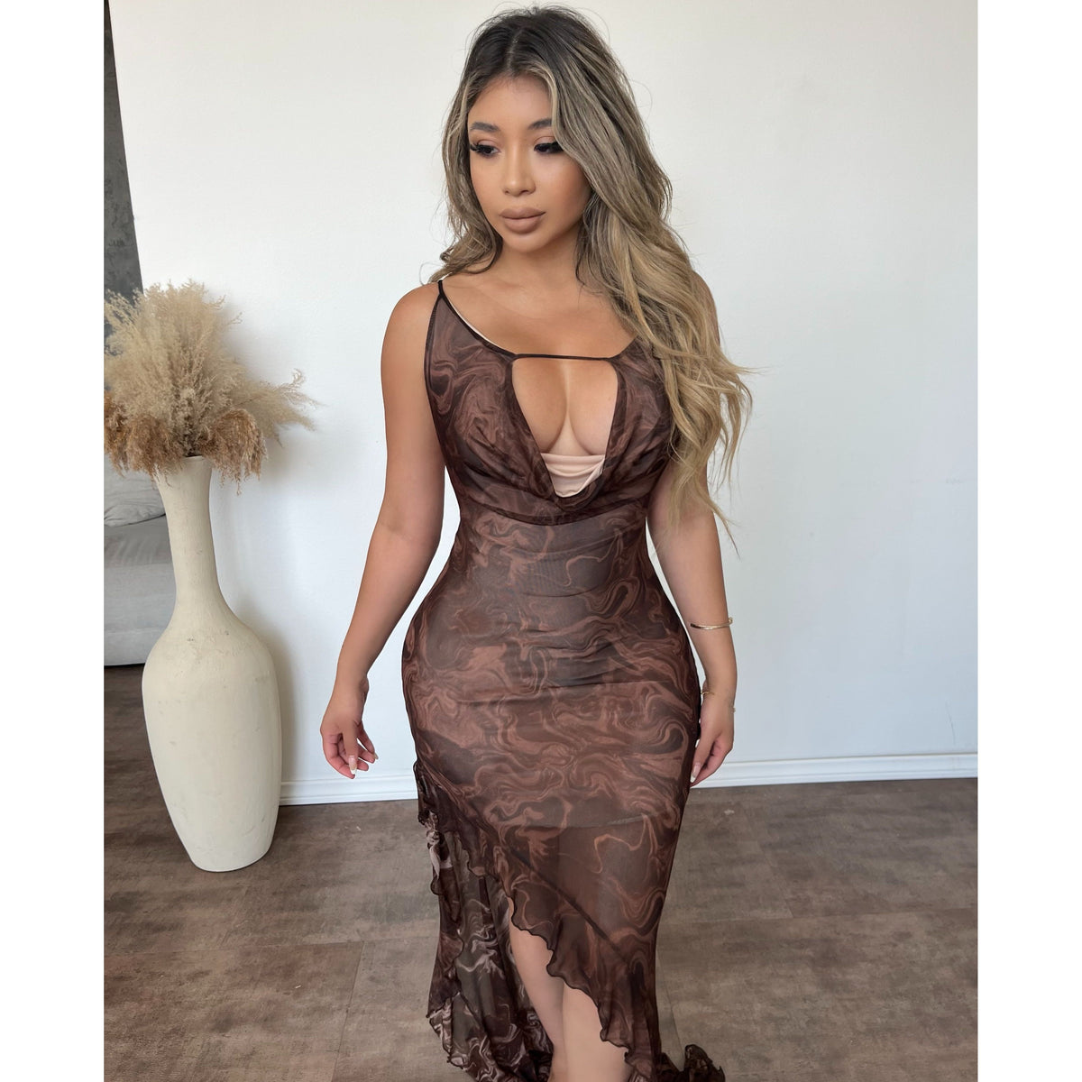 Olivia Slit Dress (Brown Marble)