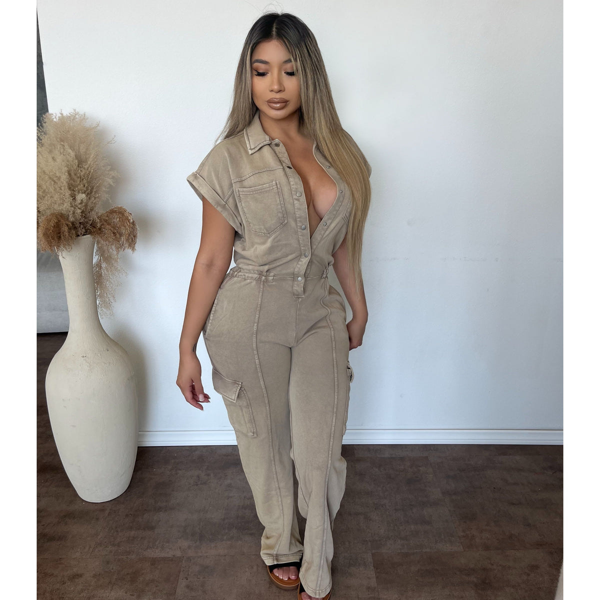 Wendy Short Sleeve Jumpsuit (Washed Mocha)