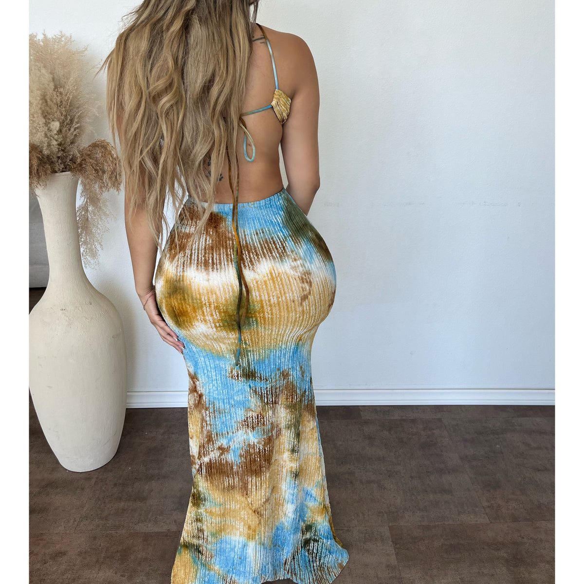Marissa Halter Neck Tie Dress (Mocha Multi)