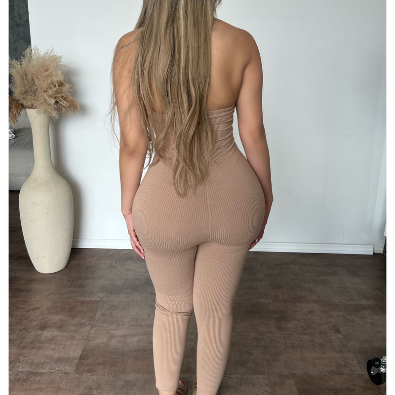 Hailey V Neck Sleeveless Jumpsuit (Sand)