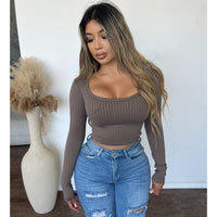 Kayana Square Neck Ribbed Long Sleeve Crop Top (Coco)