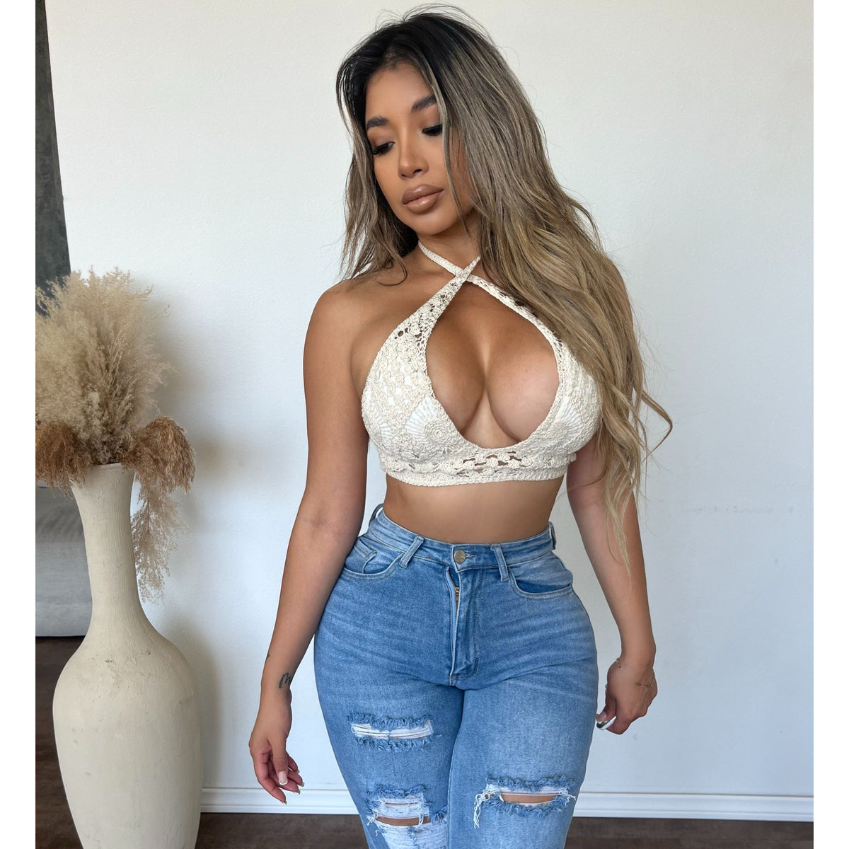 Lorissa Crochet Halter Bra (Natural)