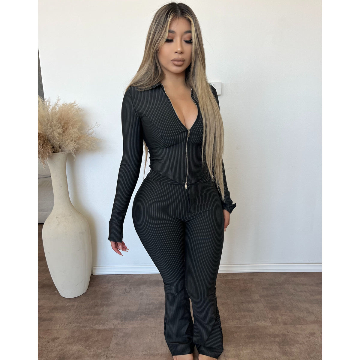 Zoey Pinstrip Flare Pants (Black)