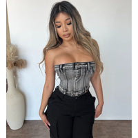 Jessica Stretch Zip Up Back Crop Top (Grey Multi)