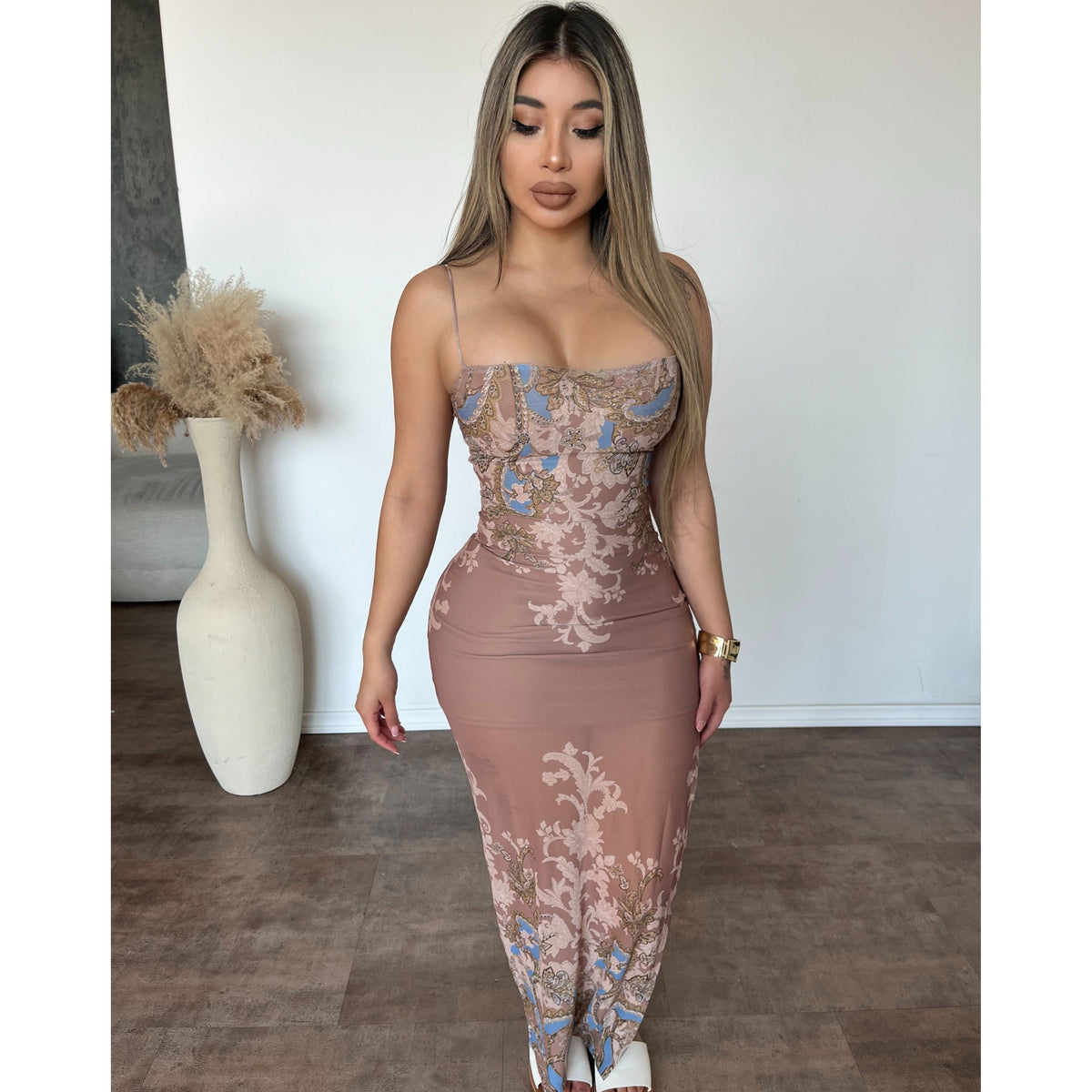 Sam Mesh Print Dress (Taupe)