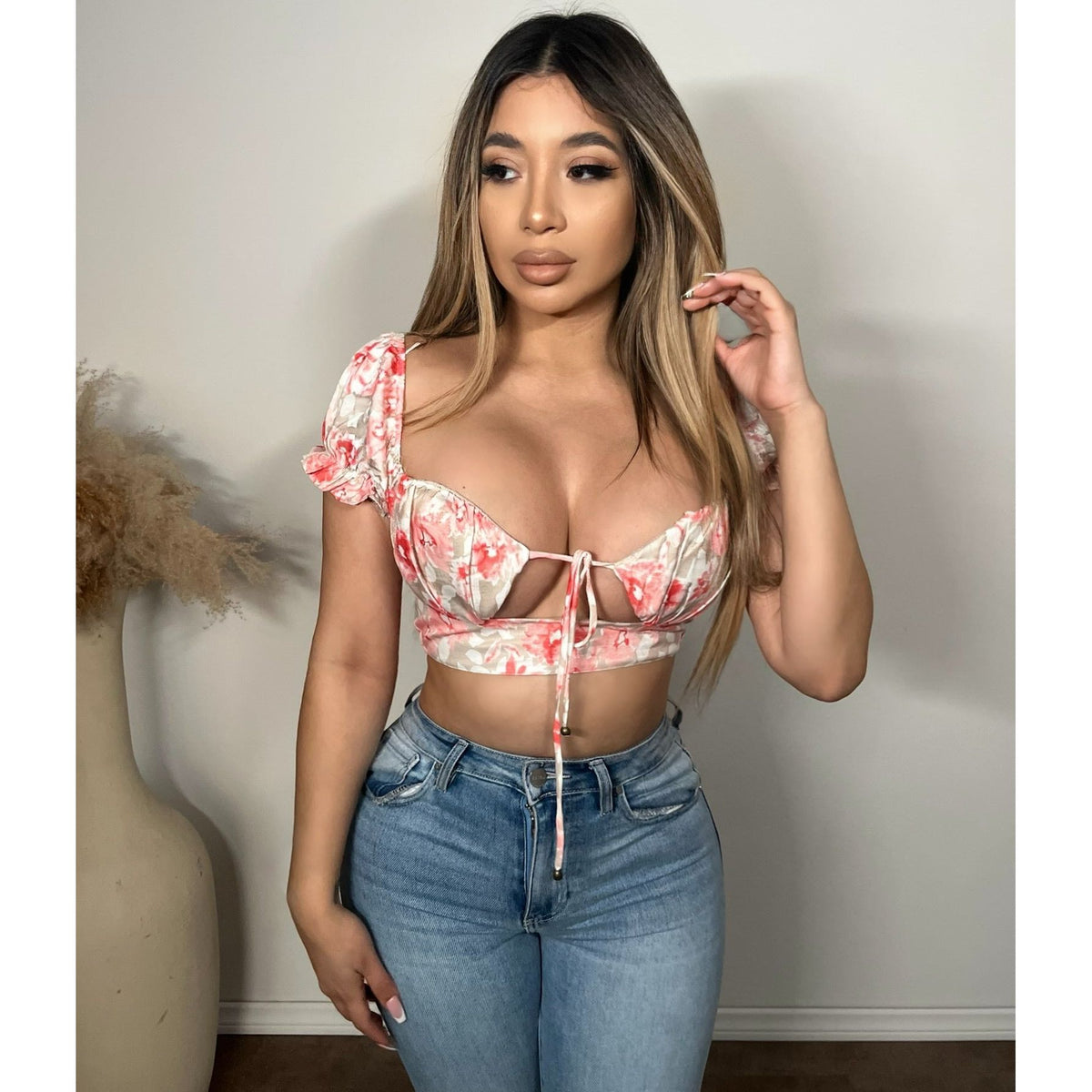 Henna Flower Top (Tan/Pink)