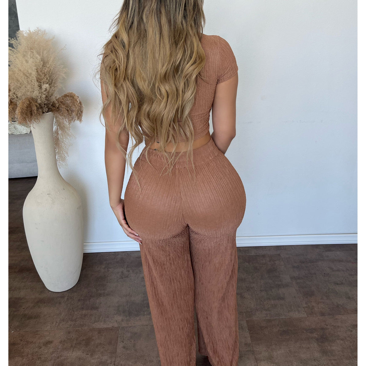 Marry Crinkle Short Sleeve Loungewear set (Camel)