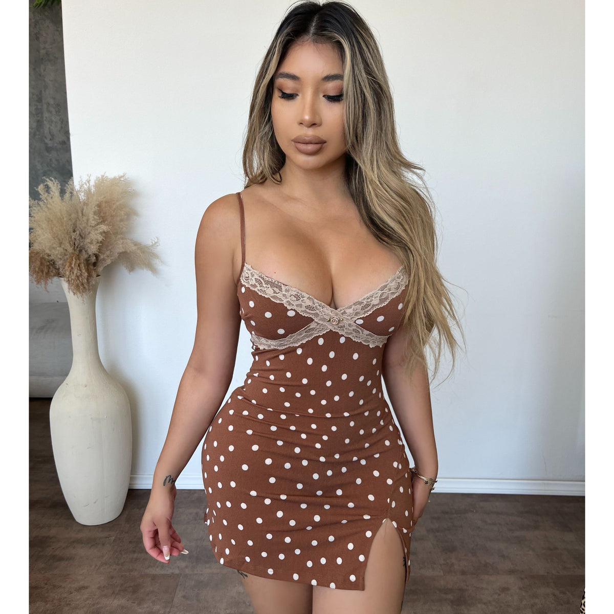 Ella Polka dot Dress (Brown)