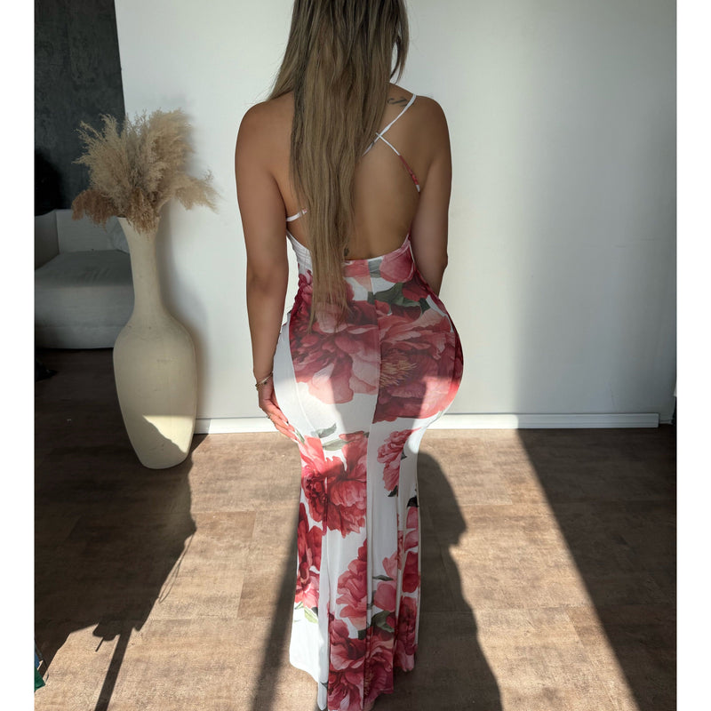 Melissa Floral Long Dress (White/Red)