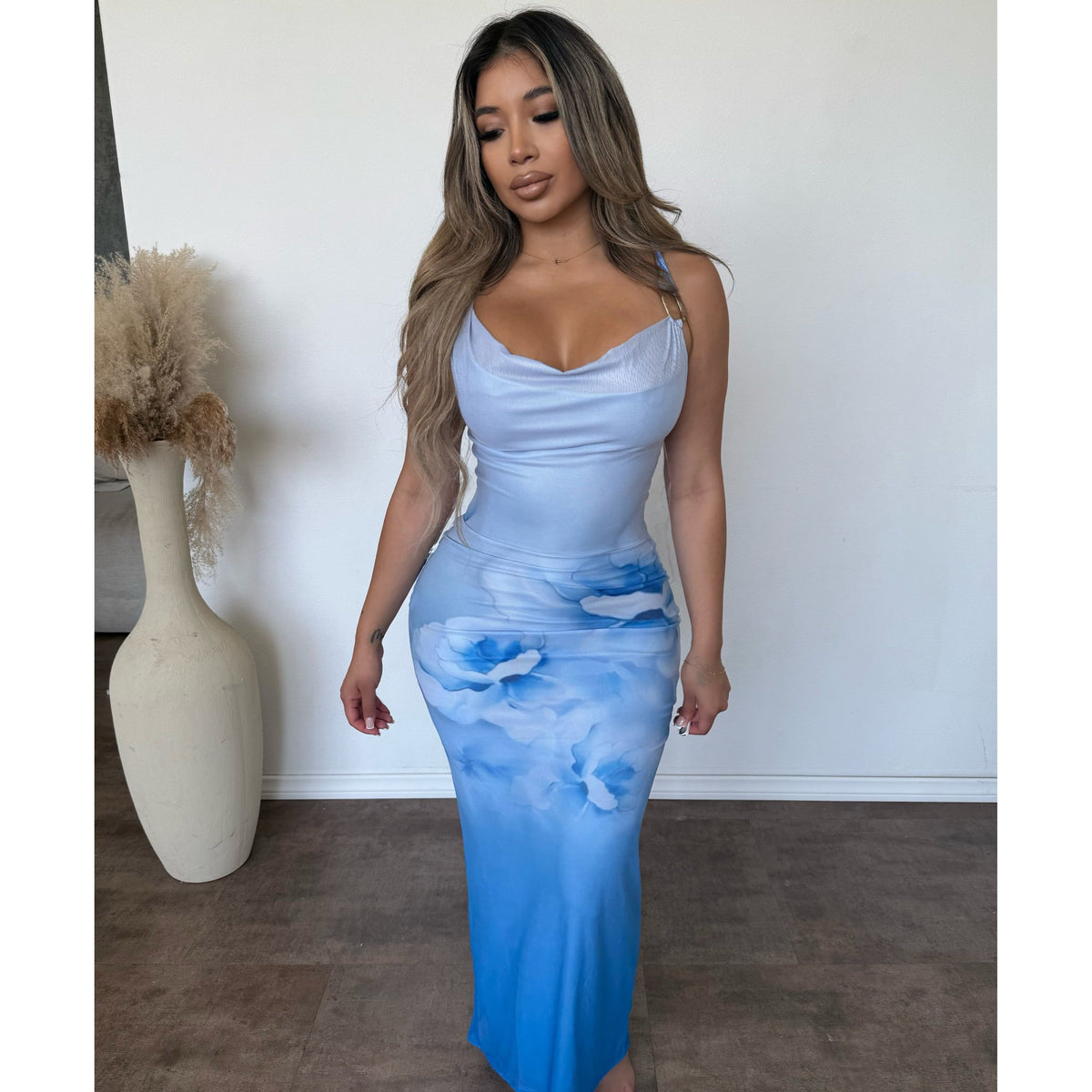 Dianna Flower Print Long Dress (Blue)