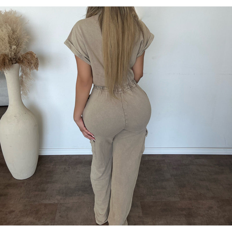Wendy Short Sleeve Jumpsuit (Washed Mocha)