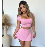 Corina Square Neck Crop Top & Skirt Set (Pink)