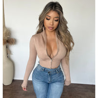 Giselle Mock Neck Knit Zip Up (Khaki)