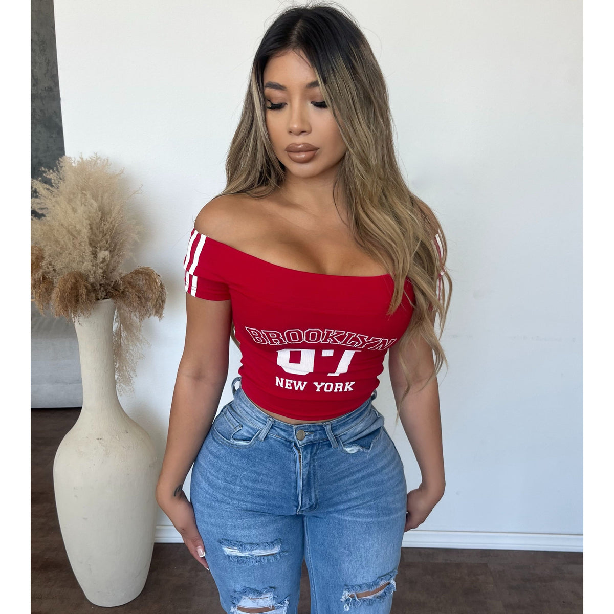 Andrea Off The Shoulder Graphic Crop Tee (Red)