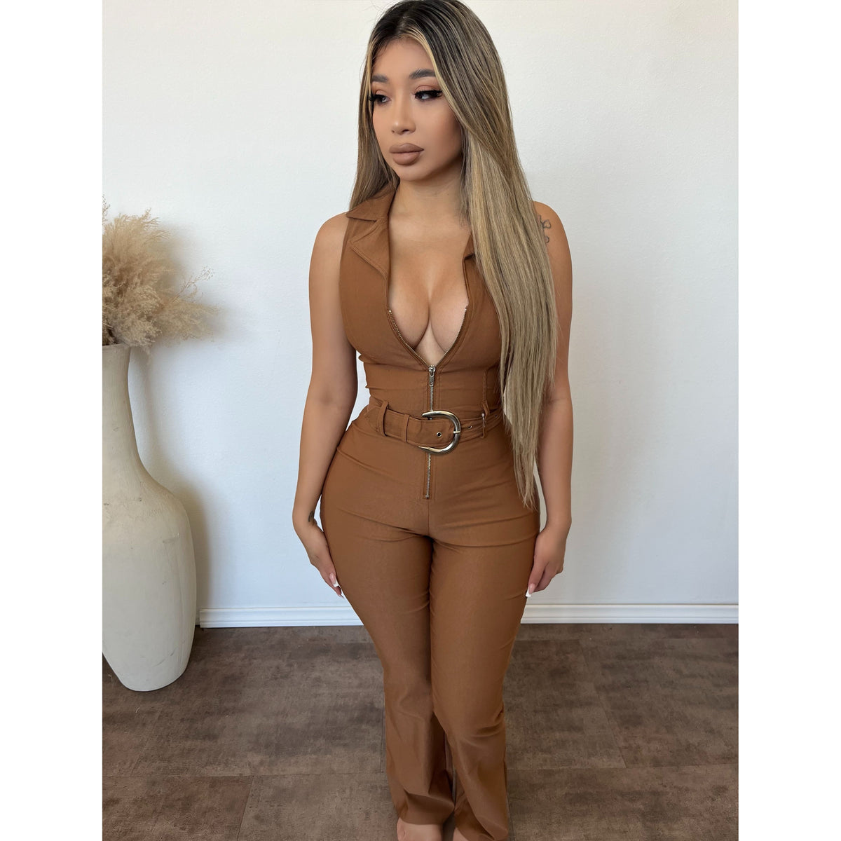 Olivia Boot-Cut Jumpsuit (Tan)