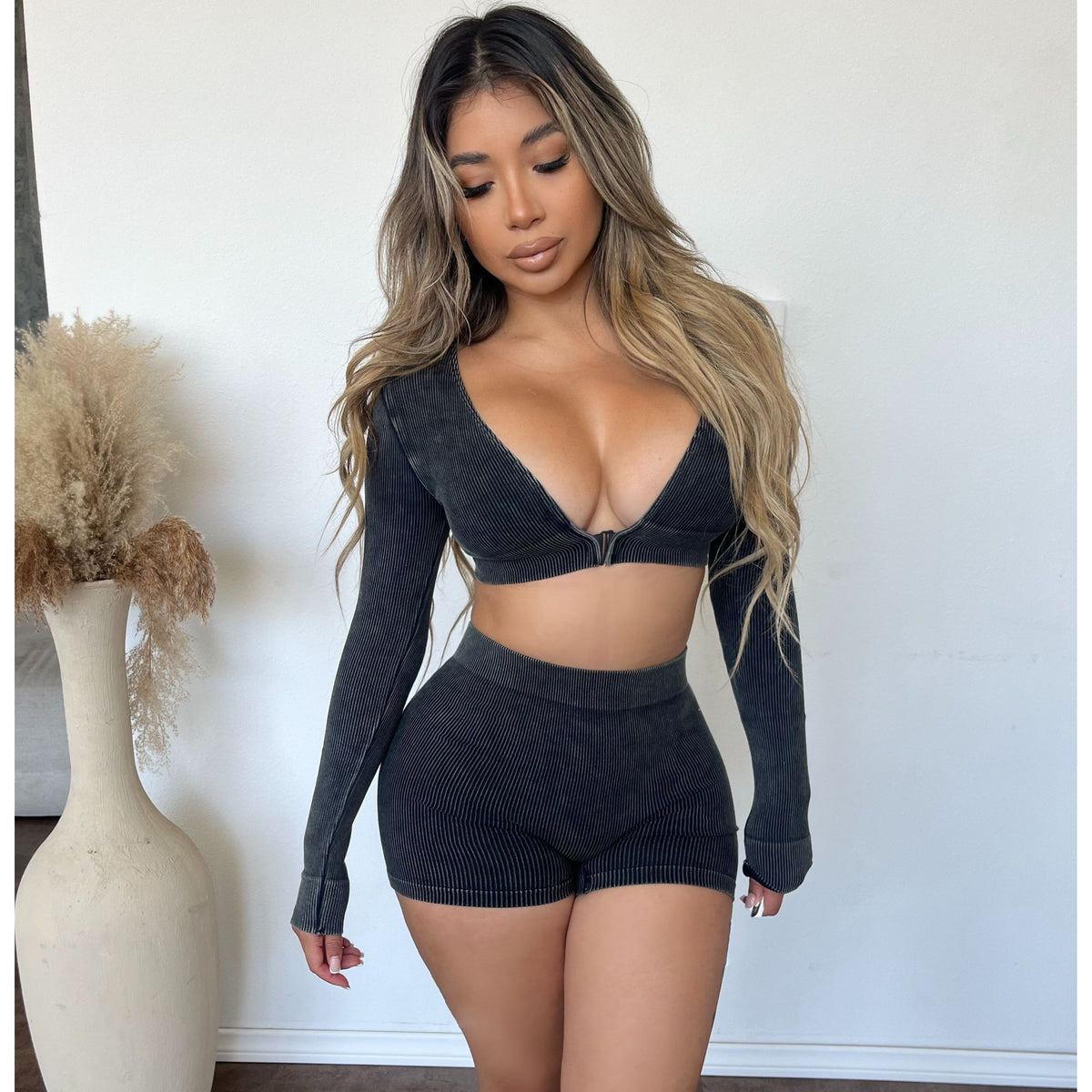 Elena Deep V Neck Top & Shorts (Black)