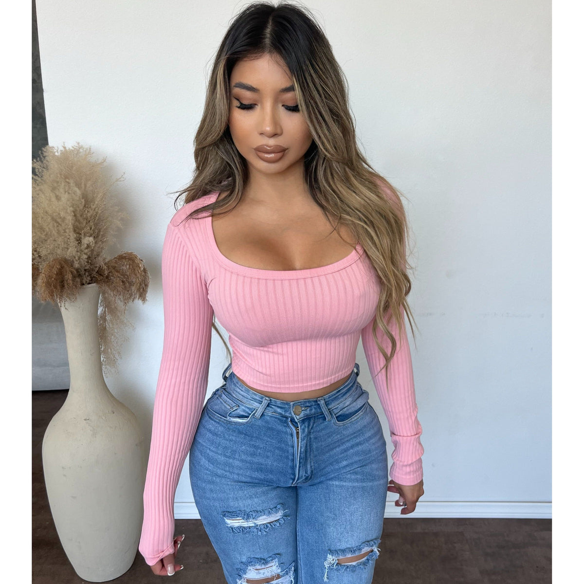 Kayana Square Neck Ribbed Long Sleeve Crop Top (Powder Pink)