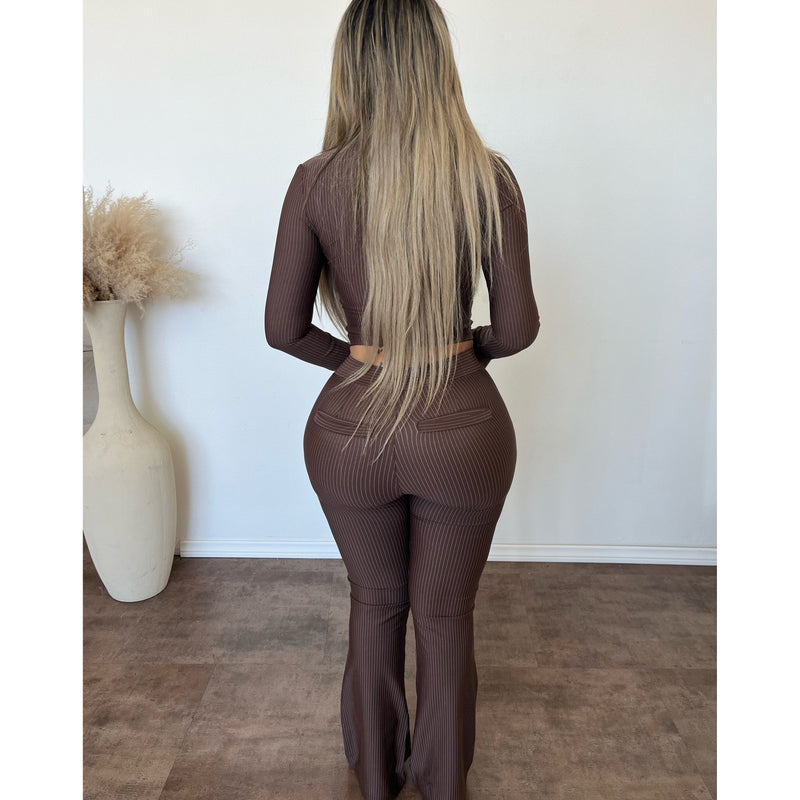 Zoey Pinstrip Flare Pants (Brown)