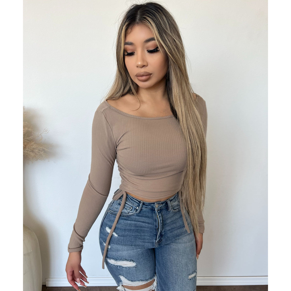 Amelia Rib Runched Long Sleeve Top (Taupe)