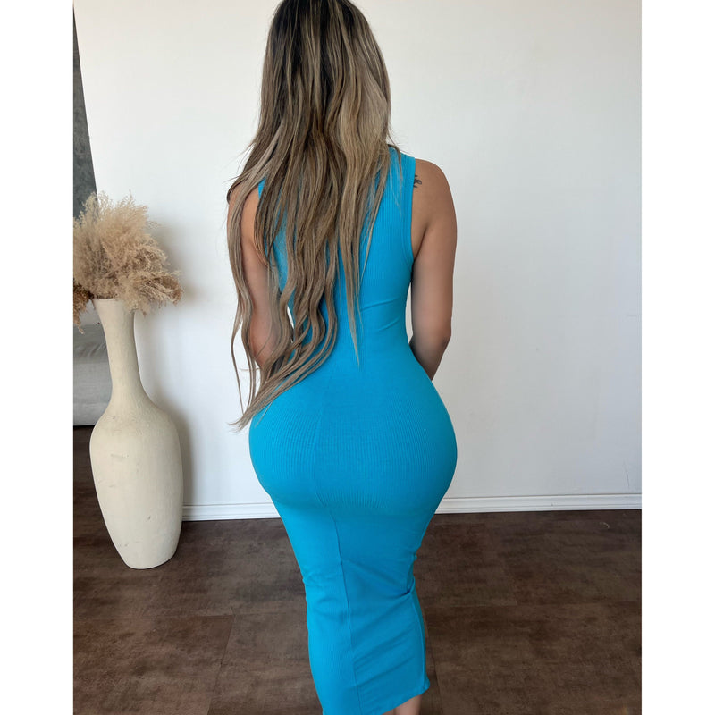 Chelsy Snatched Round Neck Midi Dress (Aqua)