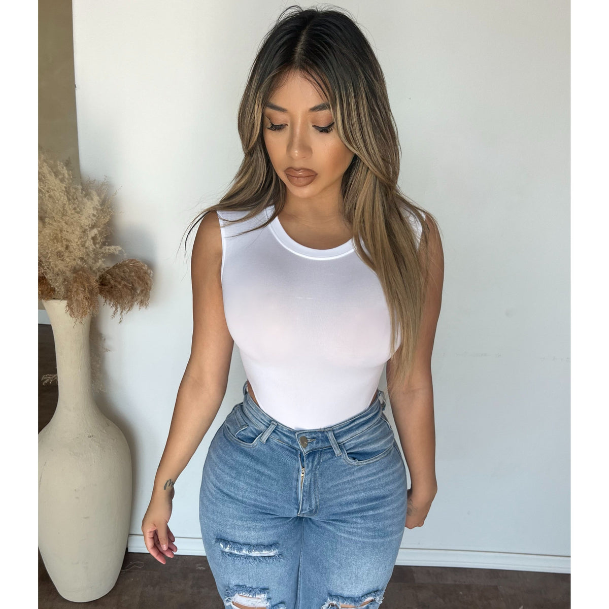 Angelica Neck Rib Bodysuit (White)