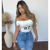 Andrea Off The Shoulder Graphic Crop Tee (White)