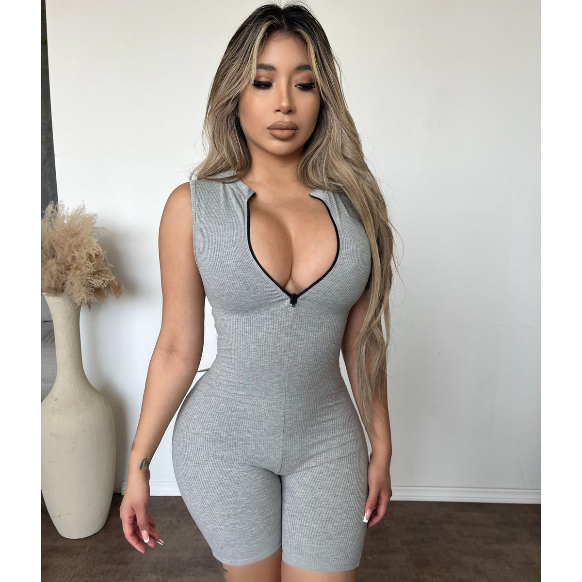 Melissa Zip Up Neck Romper (H Grey)