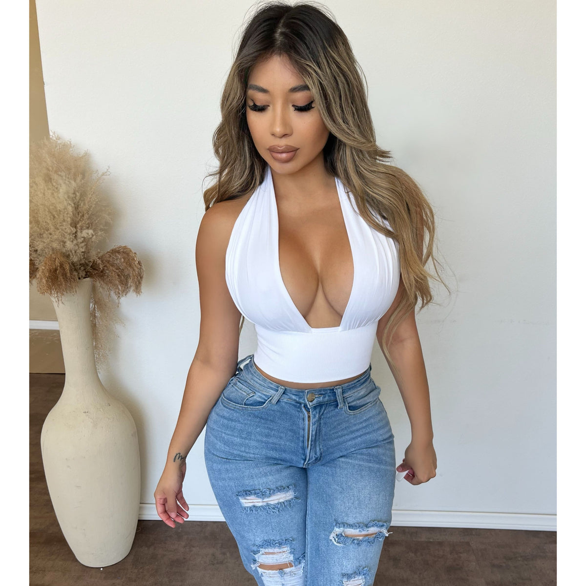 Debra Shirring Halter Neck Top W Band (White)