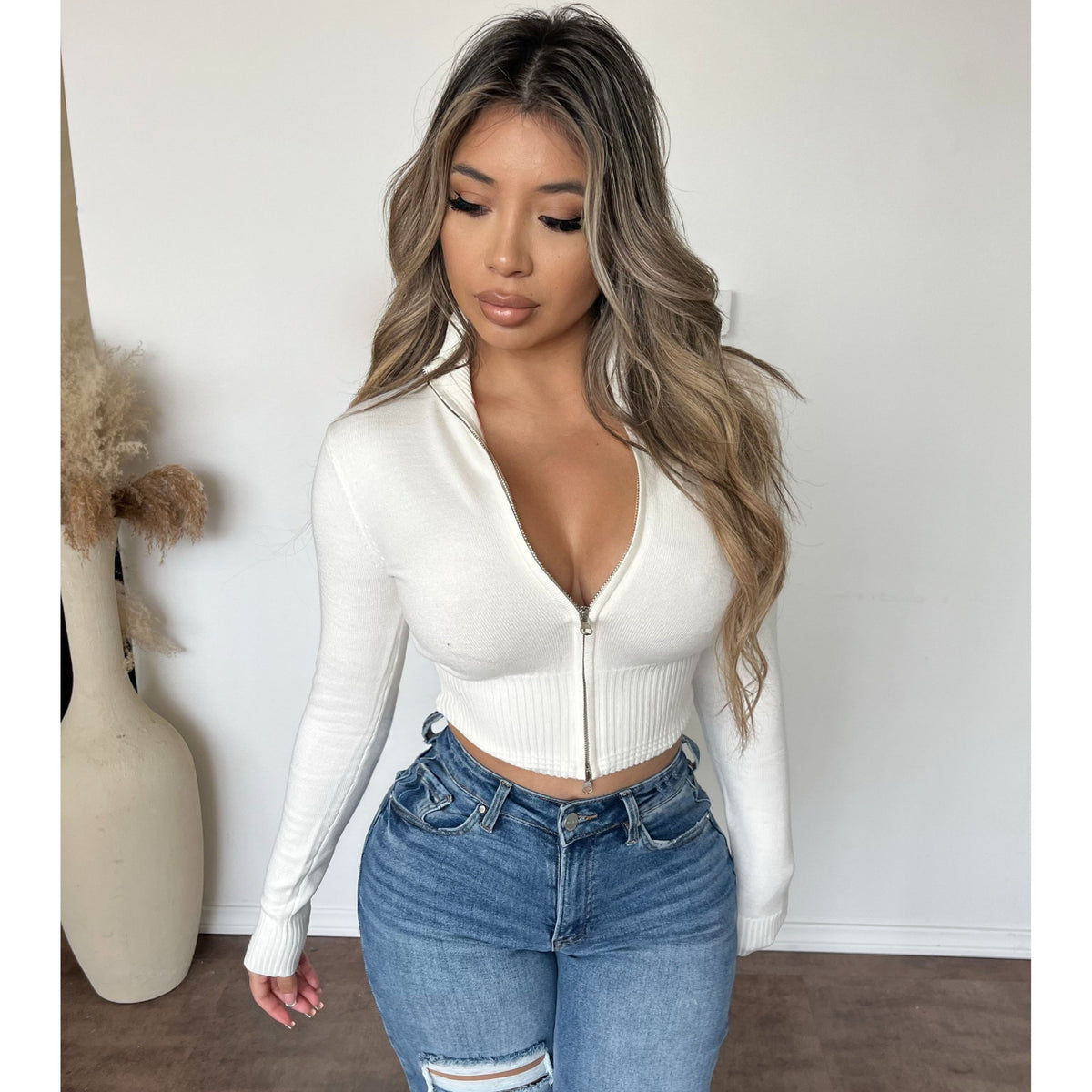 Giselle Mock Neck Knit Zip Up (Ivory)