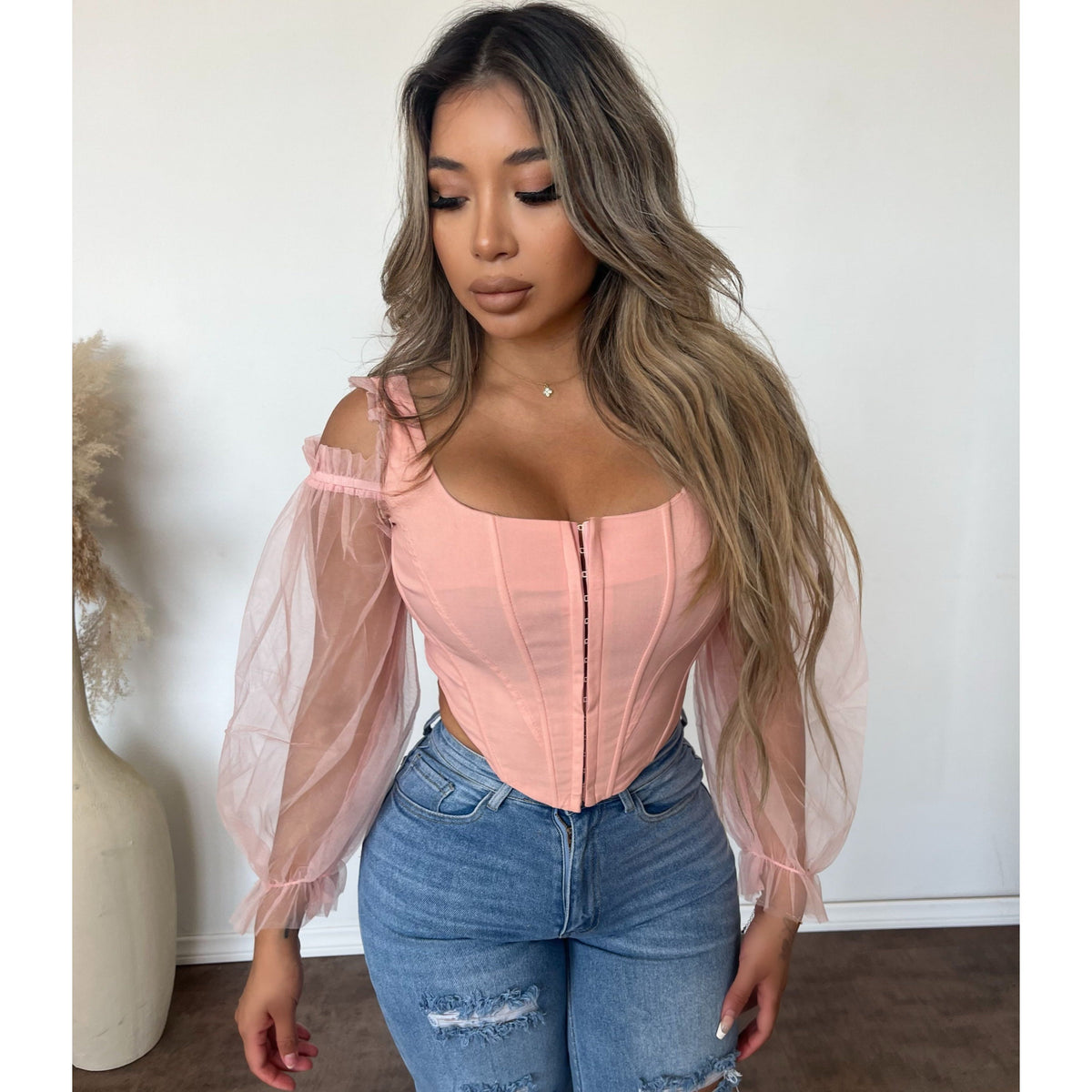 Sadie Long Sleeve Mesh Top (Light Pink)