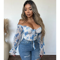 Emery Long Sleeve Crunch Top (White/Blue)