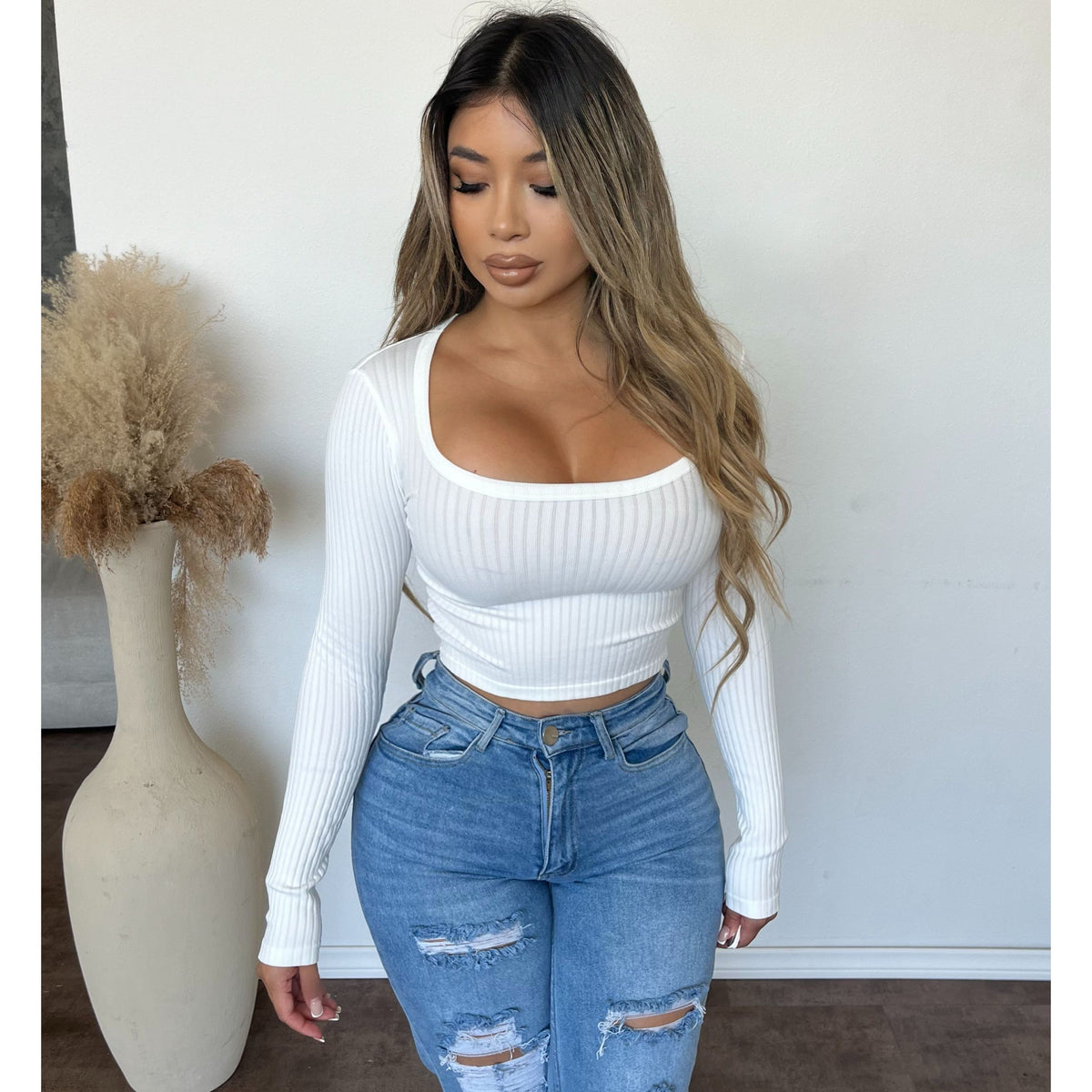 Kayana Square Neck Ribbed Long Sleeve Crop Top (Off White)