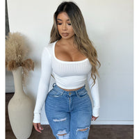 Kayana Square Neck Ribbed Long Sleeve Crop Top (Off White)