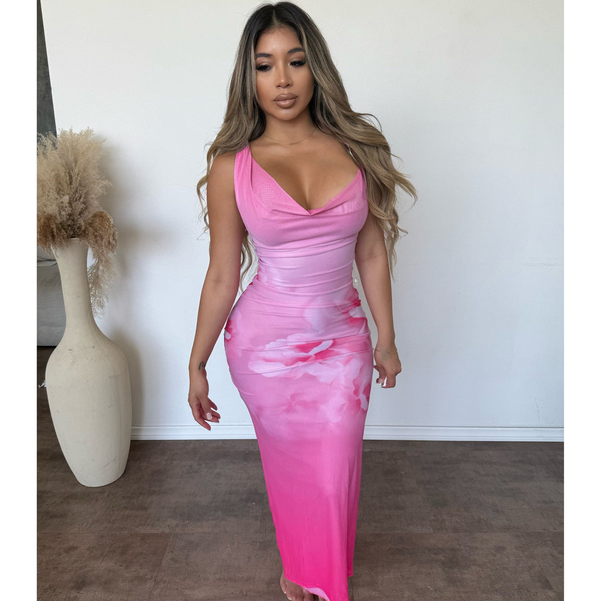 Dianna Flower Print Long Dress (Pink)