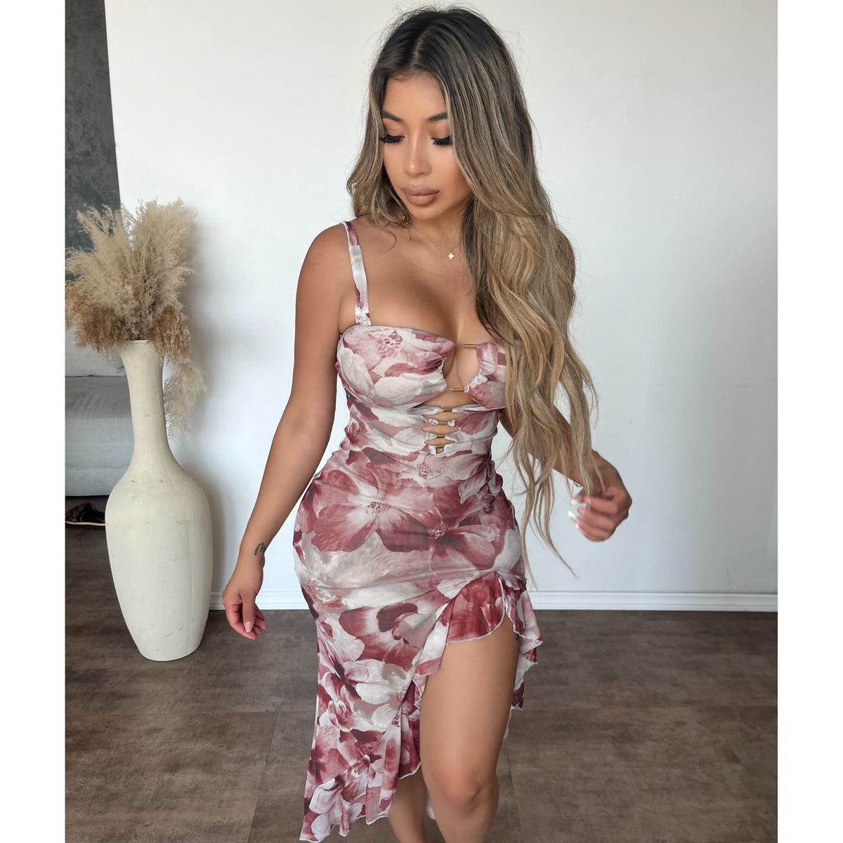 Sam mesh Side Slit Dress (Rust/Burgundy)
