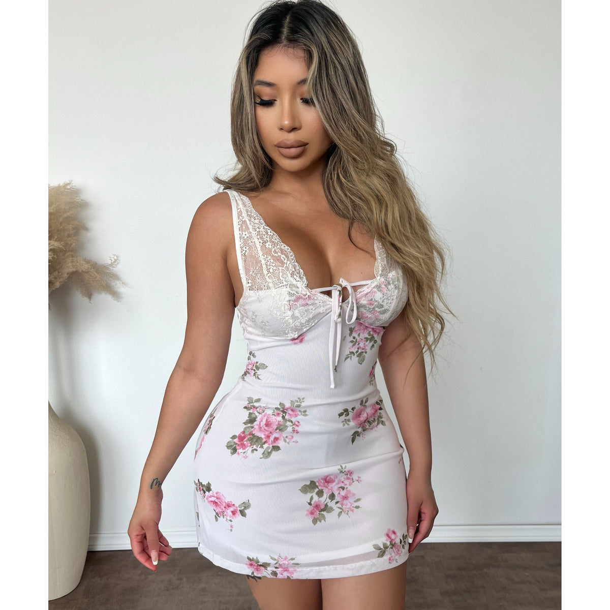 Megan Mesh Dress W Trim (White)