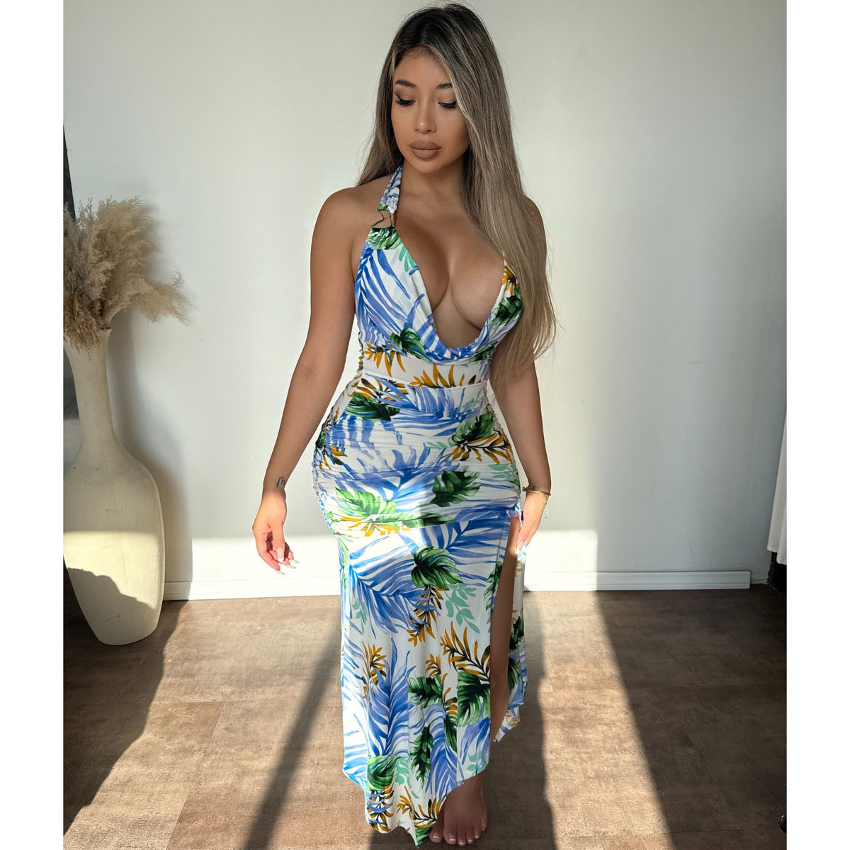 Emily Tropical Halter Neck Dress (White/Blue)