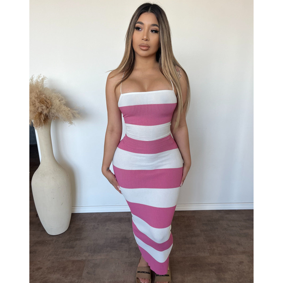 Kathy Stripe Long dress (White/Pink)