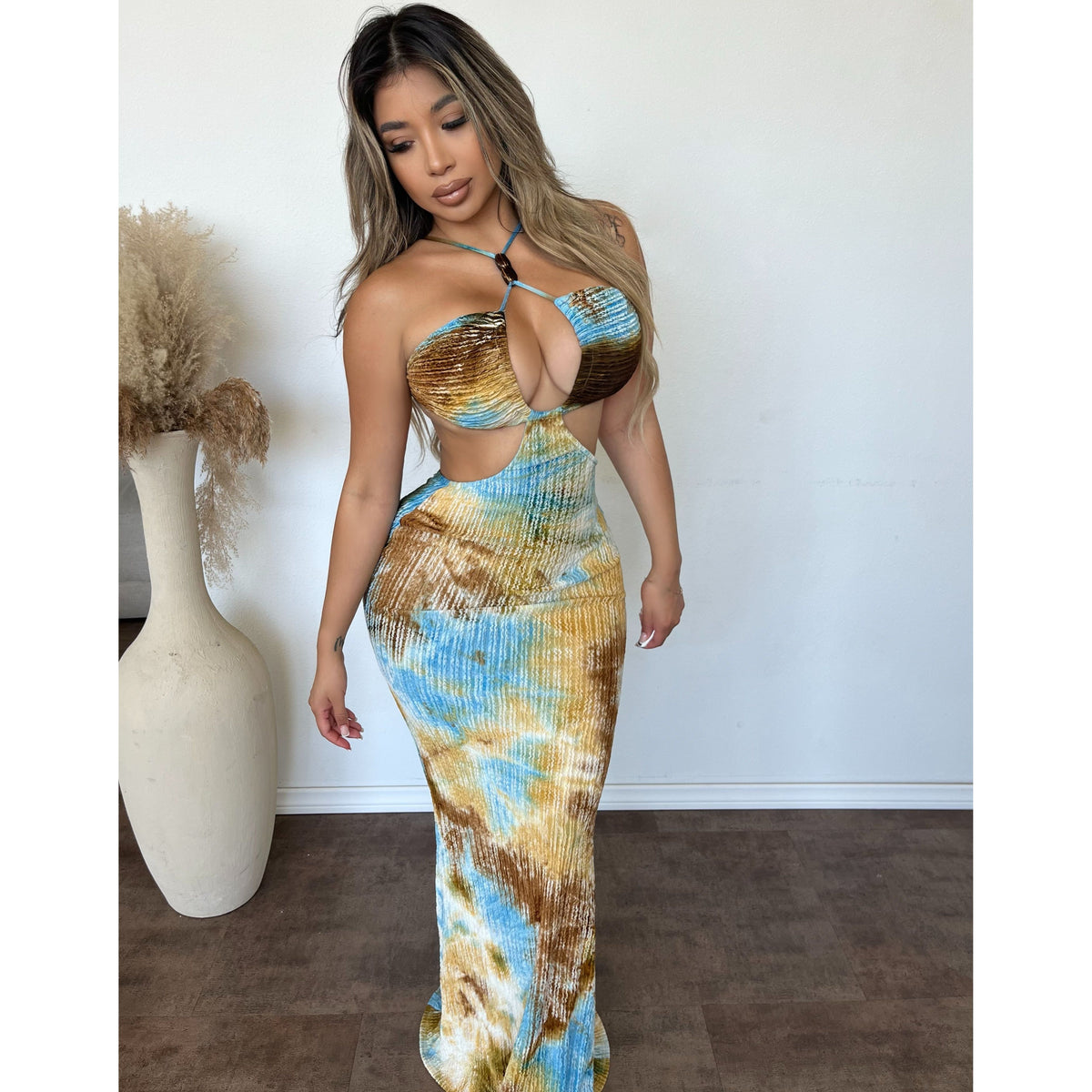 Marissa Halter Neck Tie Dress (Mocha Multi)