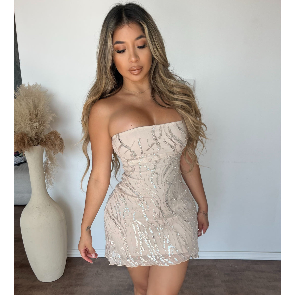 Mariah Mesh W/ Beads Dress (Ivory)