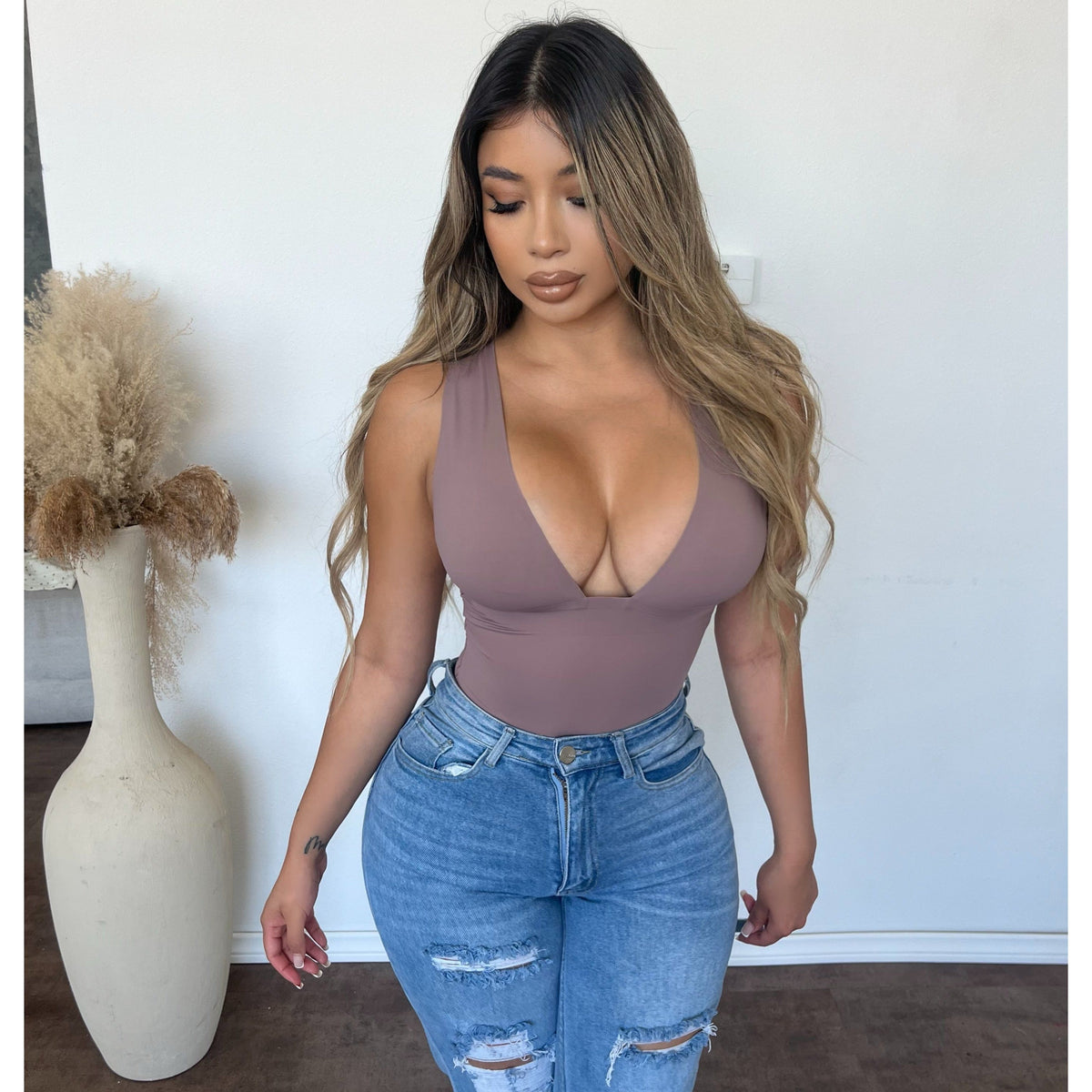 Ashanti Deep V Bodysuit (Cocoa)