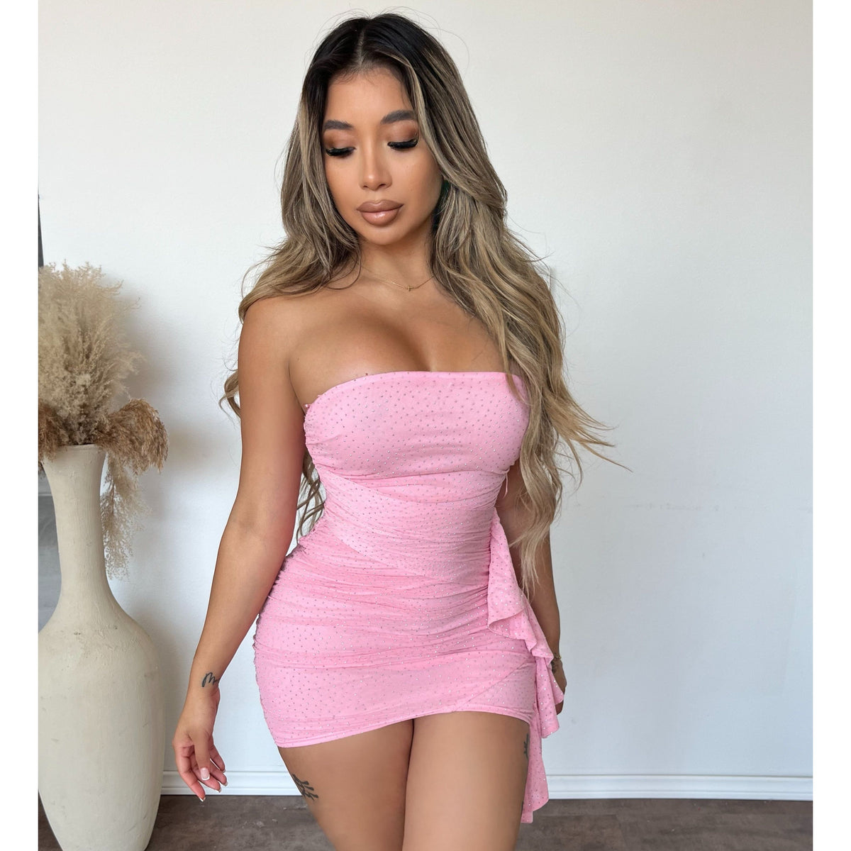 Casandra Mesh W Sparkle Dress (Pink)