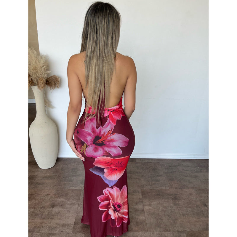 Jemma Mesh Dress W Ring Halter Neck  (Burgundy)