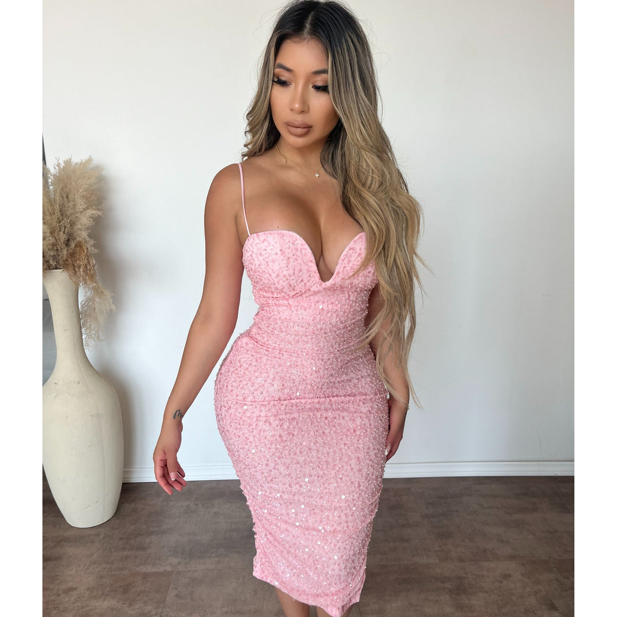 Kayleigh Mesh W Beads Dress (Pink)
