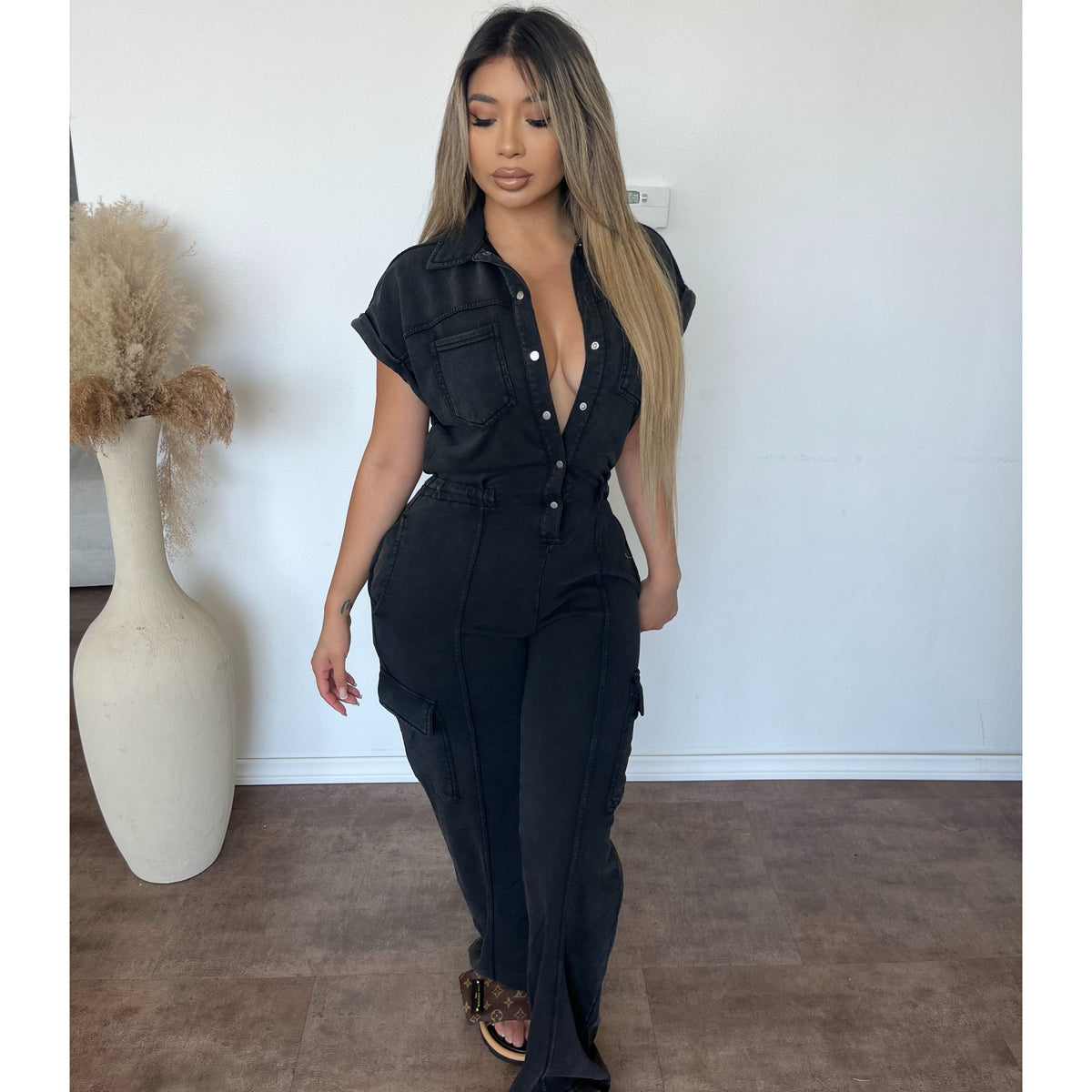 Wendy Short Sleeve Jumpsuit (Washed Black)